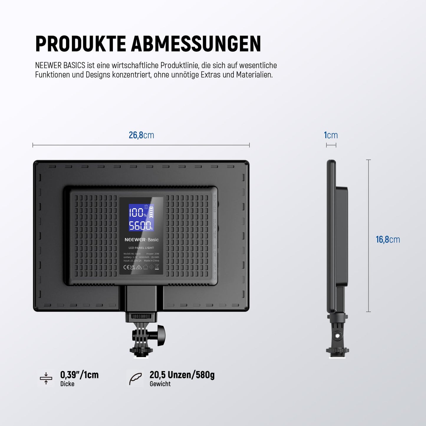 NEEWER Basics 13" LED Panel Video Light, 20W Ultra Thin Dimmable DSLR Camera Soft Photo Key Light Video Light for Streaming Studio Photography Podcast Recording, 8000mAh/3200-5600K/CRI97+, NL-192B - 10104267