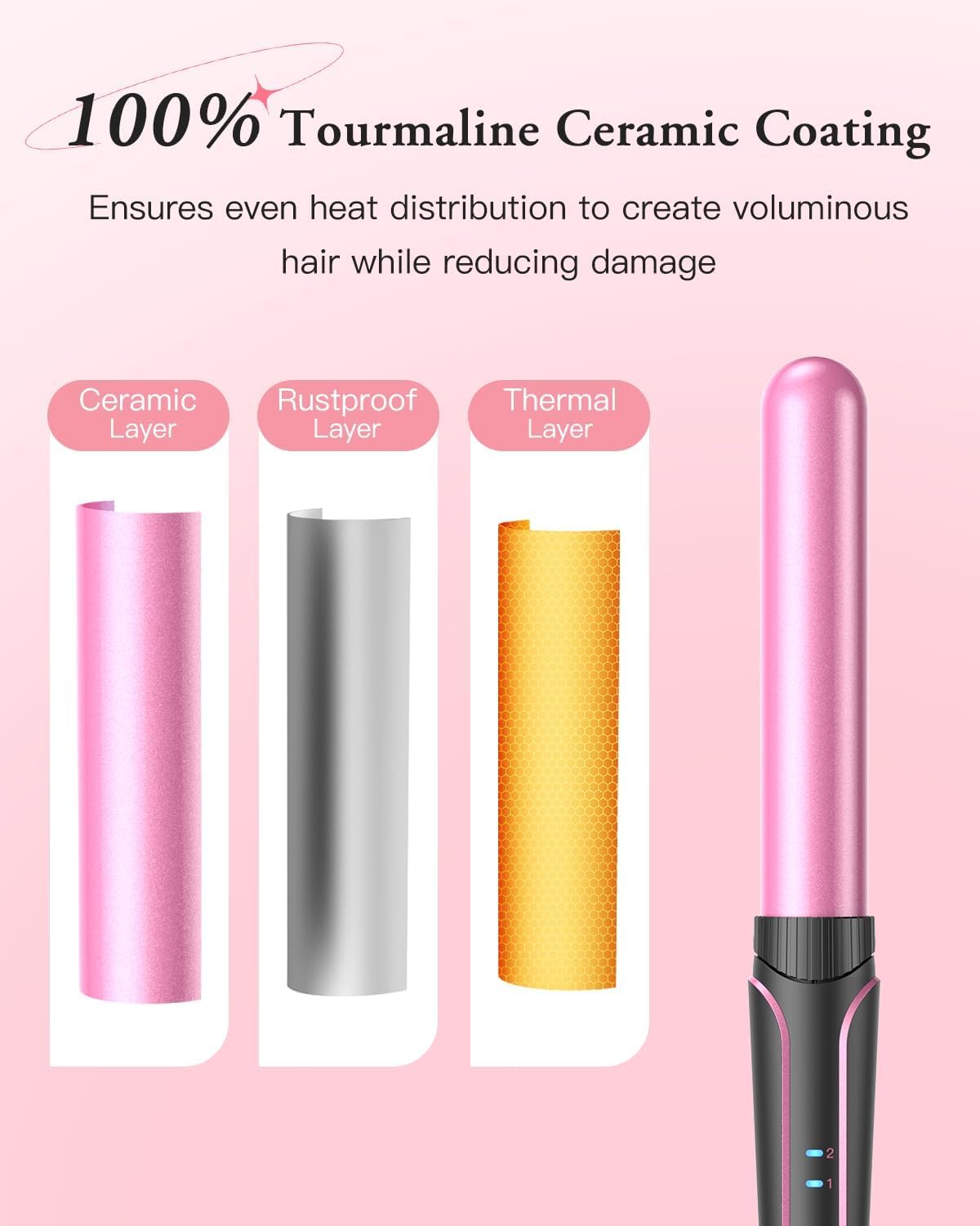 BESTOPE PRO curling iron curling iron 3 barrels wave iron 5 in 1 - curling iron set 3 barrels for large waves, temperature setting, quick heating and a glove, 2 clips, rosé - MD-J18