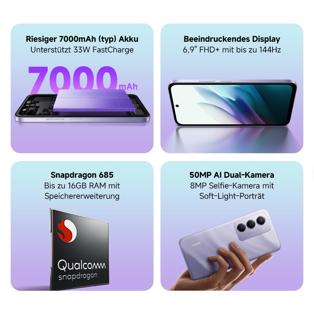 XIAOMI Redmi 15, smartphone 6+128GB, mobile phone with Android, 6.9" FHD+ 144Hz DotDisplay, Snapdragon 685, 50MP AI dual camera, 7000mAh battery, Midnight Black - MZB0MFXEU