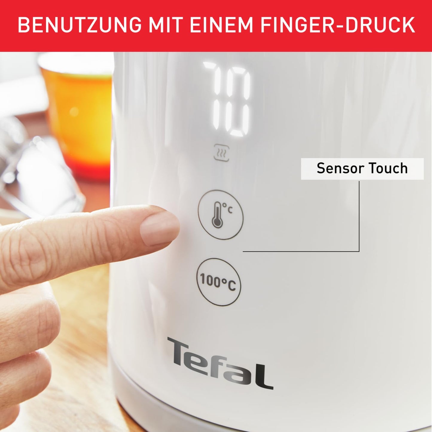 Tefal KO6931 Sense kettle, 1.5 L capacity, digital display, 5 temperature levels, 360° base, water level indicator, removable limescale filter, 30 minute warming function, 1800W, white