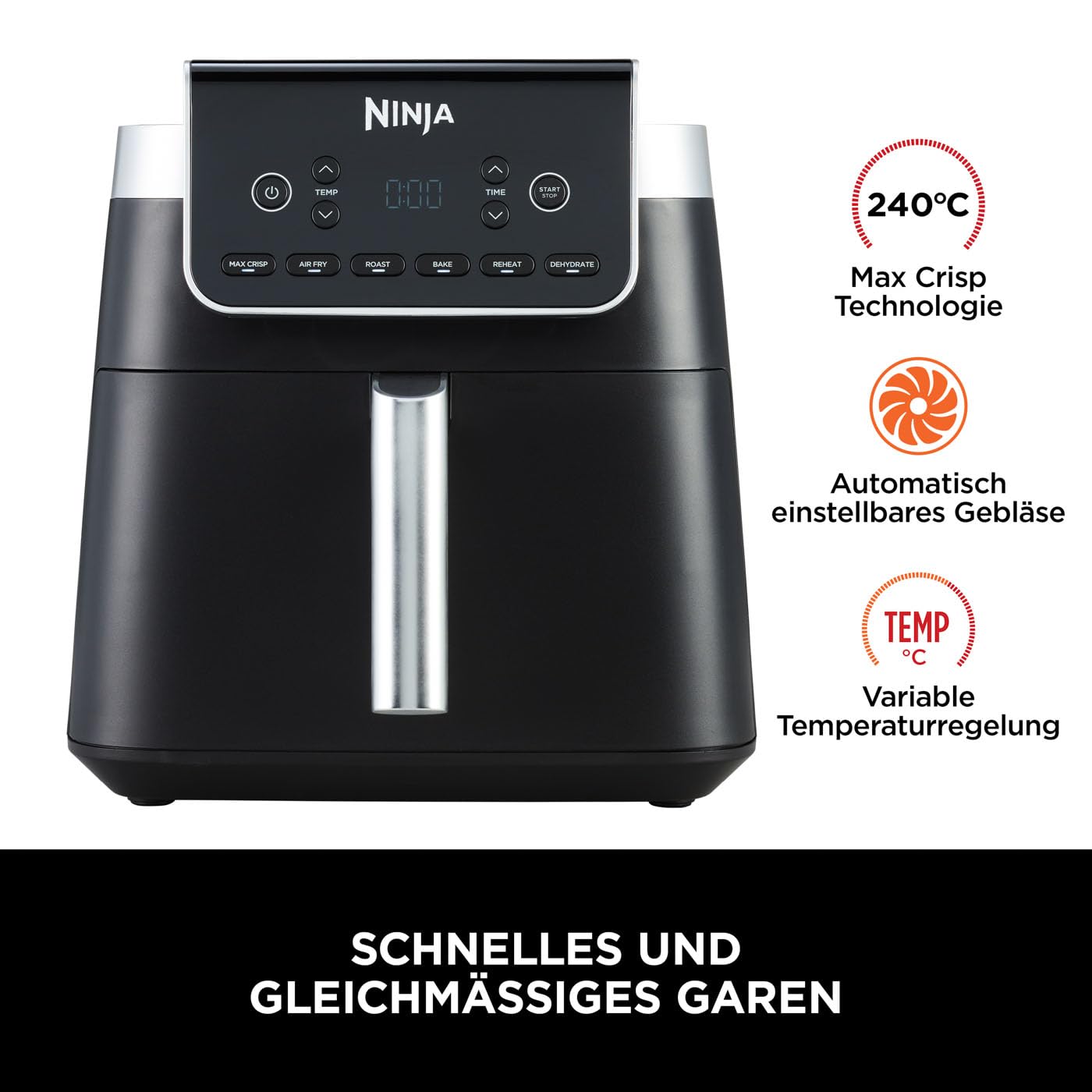 Ninja Air Fryer Hot Air Fryer MAX PRO, 6.2L, Non-Stick Coating, Dishwasher Safe Basket and Crisper Grid Insert, Oil-Free Fryer, Digital, Cooking from Frozen, Gray, AF180EU