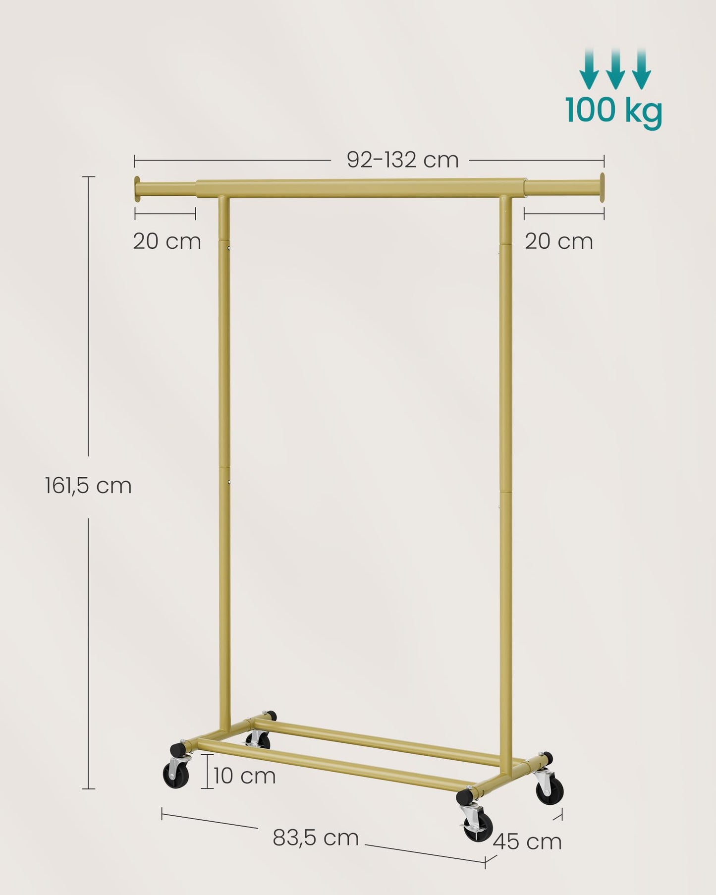 SONGMICS Clothes Rack on Wheels, Heavy Duty Coat Rack, Extendable Clothes Rail, Holds up to 100kg, Easy Assembly, Portable, Pale Gold HSR013A01 - PCT611W01