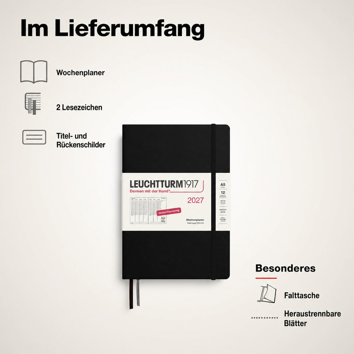 LEUCHTTURM1917 weekly planner 2027 medium (A5) - German, black, 210 x 145 mm, January-December (12 months), weekly overview with hourly grid 7:00-22:00 per column, hardcover, 80 g/m² paper - 400145