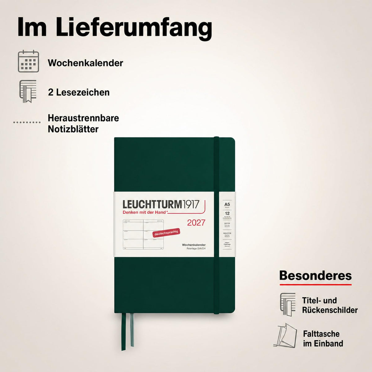 LEUCHTTURM1917 Calendar săptămânal 2027 Mediu (A5) - Germană, Verde pădure, Hardcover, 12 luni - ianuarie-decembrie 2027, 1 săptămână pe pagină dublă, hârtie de 80 g/m² cu compatibilitate ridicată cu cerneală - 400106