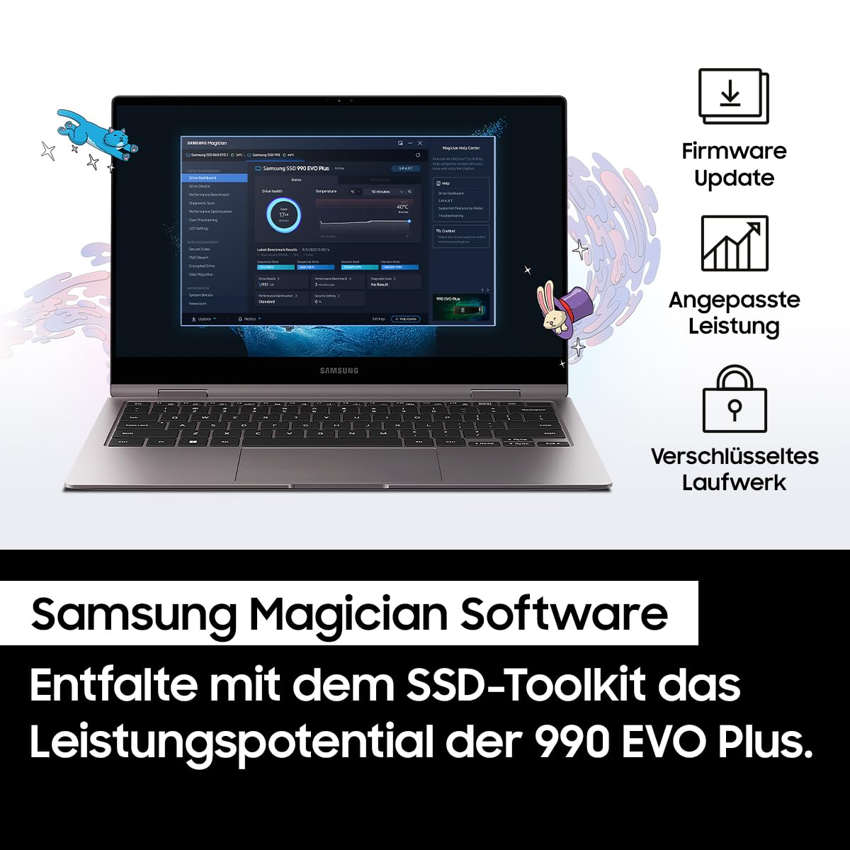 Samsung 990 EVO Plus NVMe M.2 SSD 1 TB, PCIe 4.0 x4 / PCIe 5.0 x2, NVMe 2.0 (2280), 7,150 MB/s read, 6,300 MB/s write, internal SSD for gaming and graphic editing, MZ-V9S1T0BW