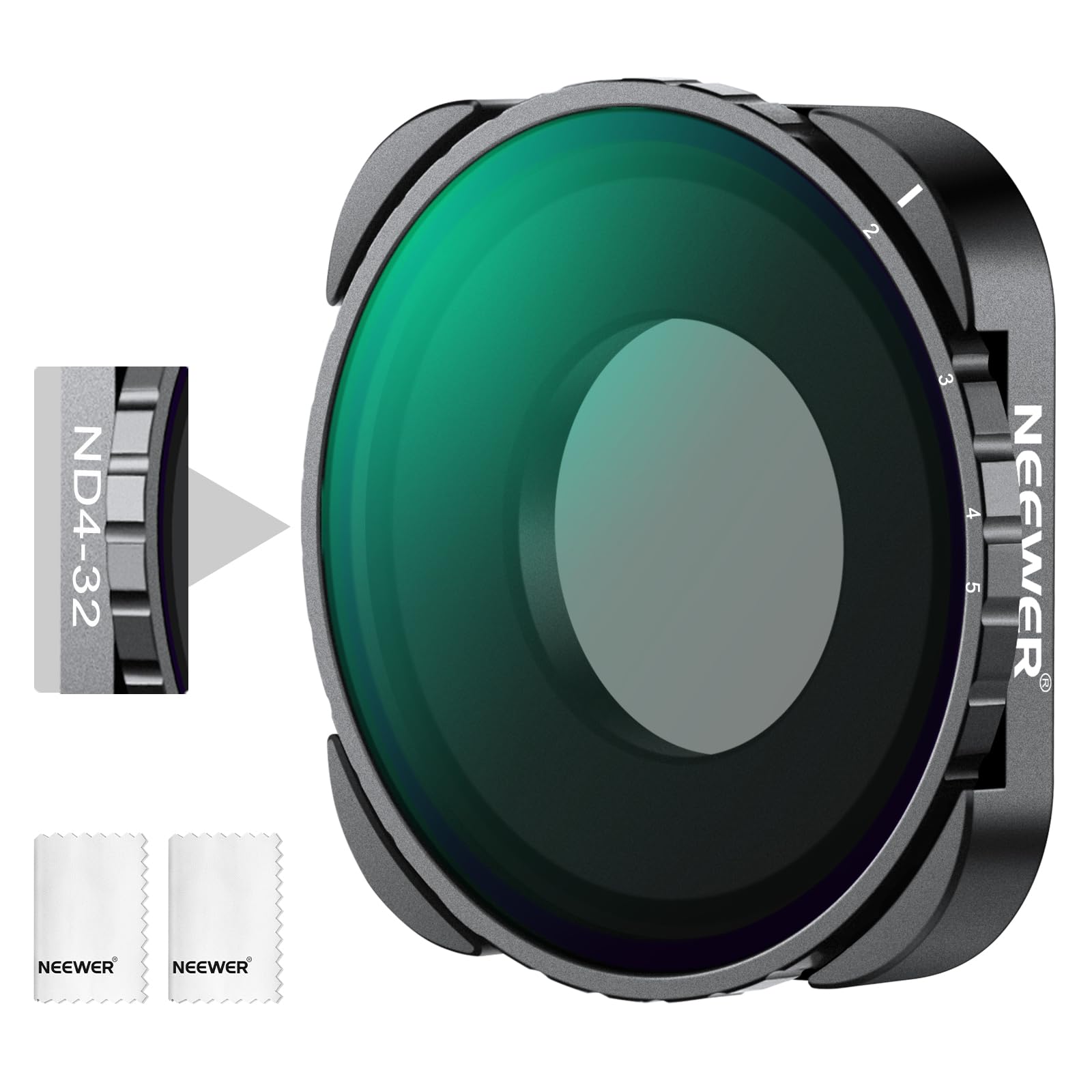 NEEWER Variable ND filter, compatible with GoPro 13 12 11 10 9, ND4-32 2-5 Stop, screw-on gray filter with multi-coated HD optical glass, slim frame, 2 cleaning cloths, no X pattern - FL-C04