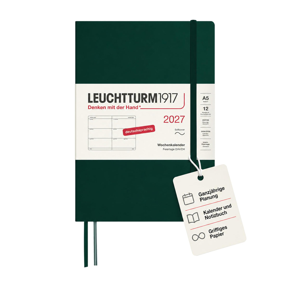LEUCHTTURM1917 Weekly Calendar 2027 Medium (A5) - German, Forest Green, Softcover, 12 months - January-December 2027, 1 week per double page, 80 g/m² paper with high ink compatibility - 400131