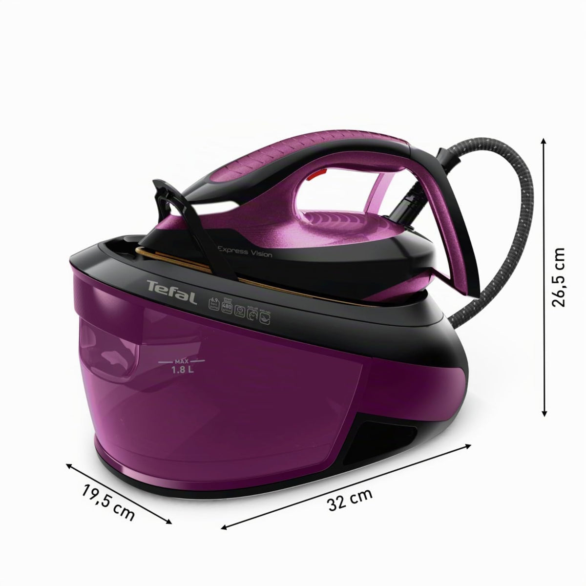 Tefal Express Vision, putere puternică de 6,9 bari, impuls de abur: 480g/min, tehnologie Smart Temp, iluminare LED, colector de calcar detașabil, mod Eco, rezervor de apă de 1,8 L, violet/negru, SV8152