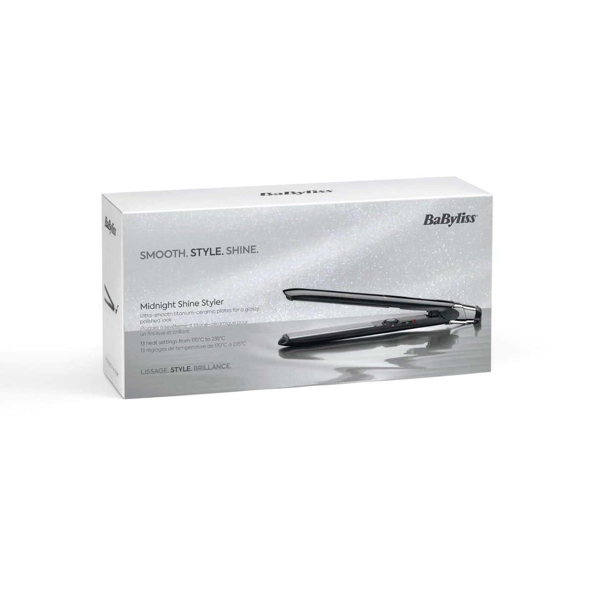 BaByliss Midnight Shine Hair Straightener, hair straightener with titanium-ceramic plates, extra long styling plates, 13 temperature settings (170–235°C), quick heat-up, anti-frizz shine finish, ST590E