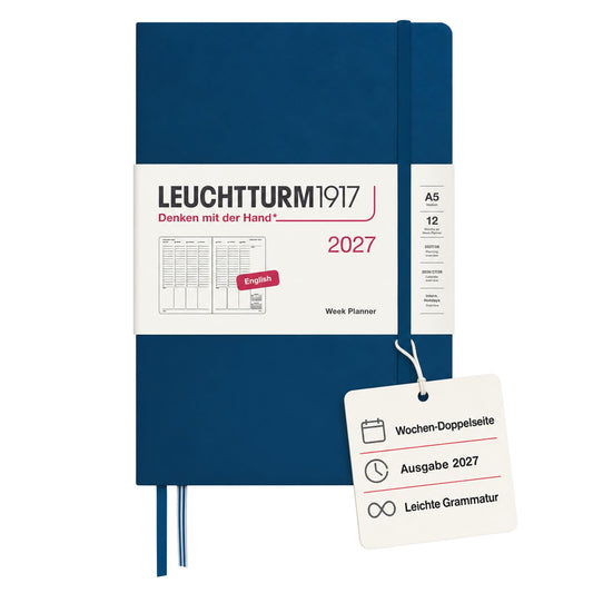 LEUCHTTURM1917 Planificator săptămânal 2027 Medium (A5) - Engleză, Indigo, 210 x 145 mm, ianuarie-decembrie (12 luni), prezentare generală săptămânală cu grilă orară 7:00-22:00 per coloană, copertă cartonată, hârtie de 80 g/m² - 400318
