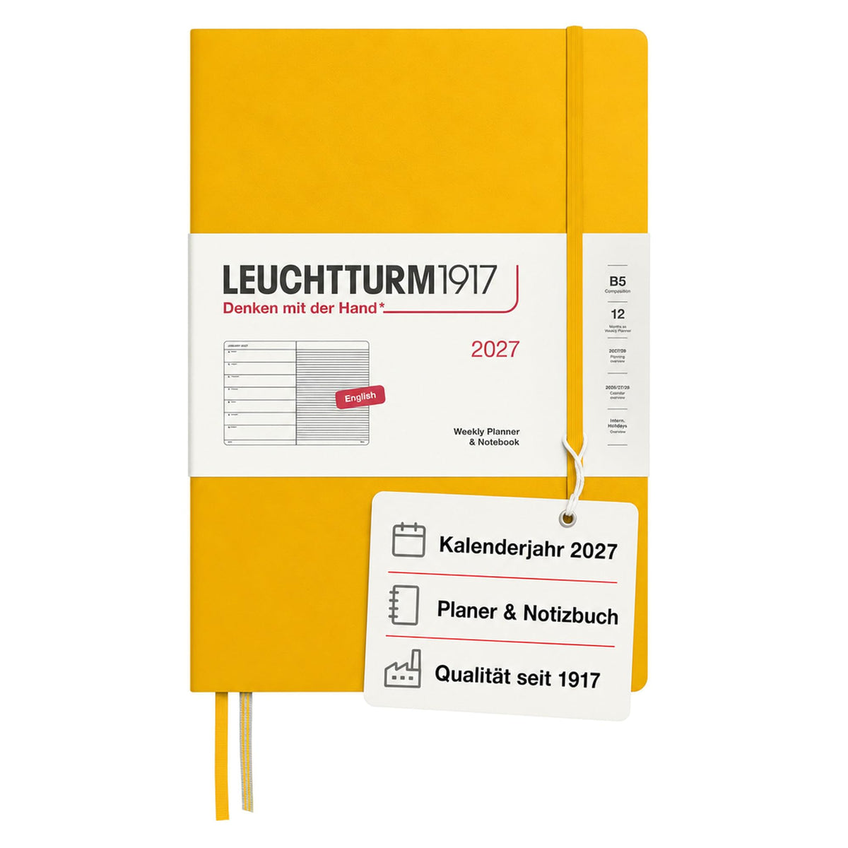 LEUCHTTURM1917 calendar săptămânal 2027 Compoziție (B5) cu caiet, cu linii - planificator de întâlniri engleză, floarea soarelui, copertă cartonată, 178 x 254 mm, ianuarie-decembrie 2027, prezentare săptămânală în stânga + pagina de note în dreapta -