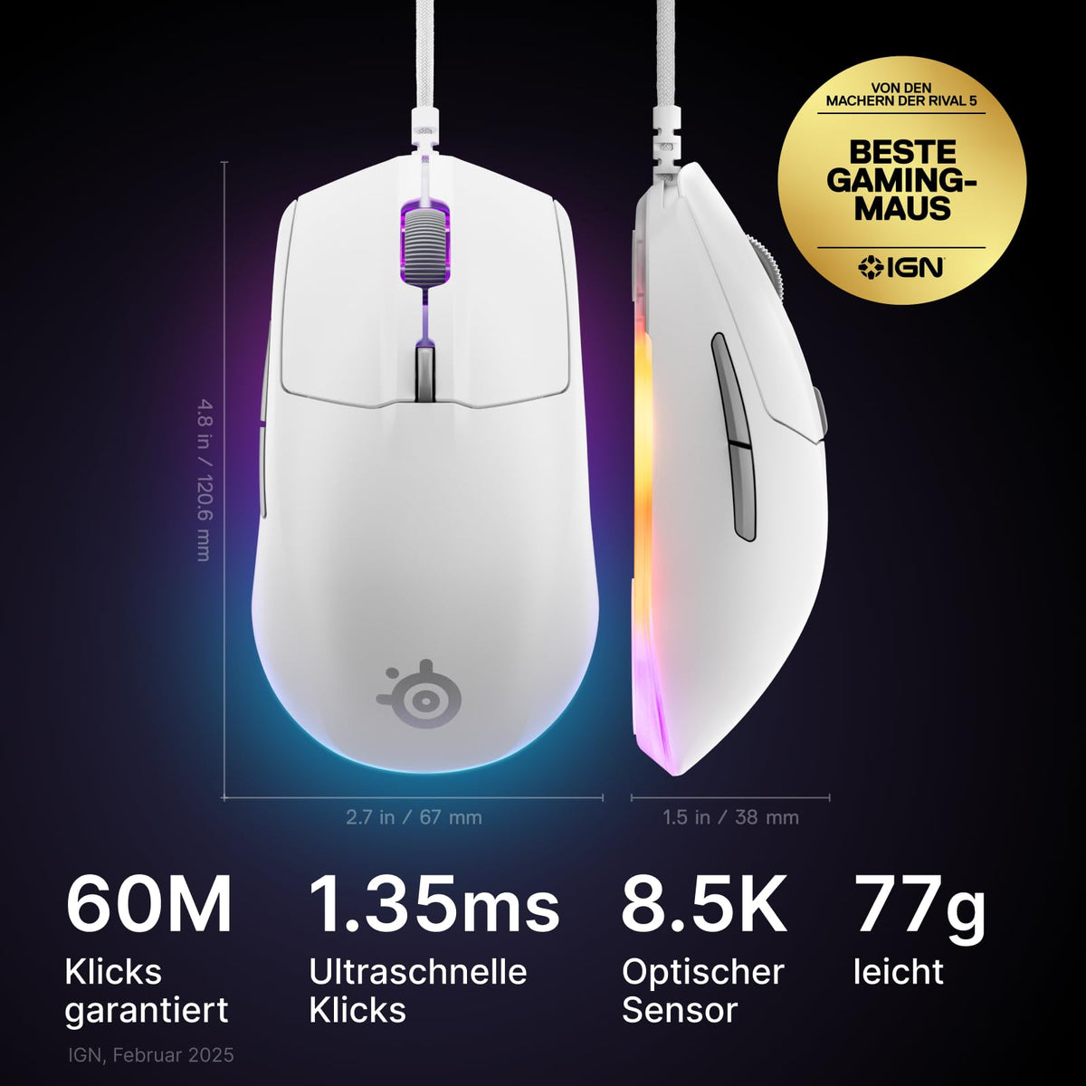 SteelSeries Rival 3 Gen 2 Mouse de gaming – senzor optic TrueMove Core de 8.500 DPI – 60 milioane de clicuri garantate – latență scăzută – 77 g greutate – picioare de PTFE – RGB - Alb - 62516