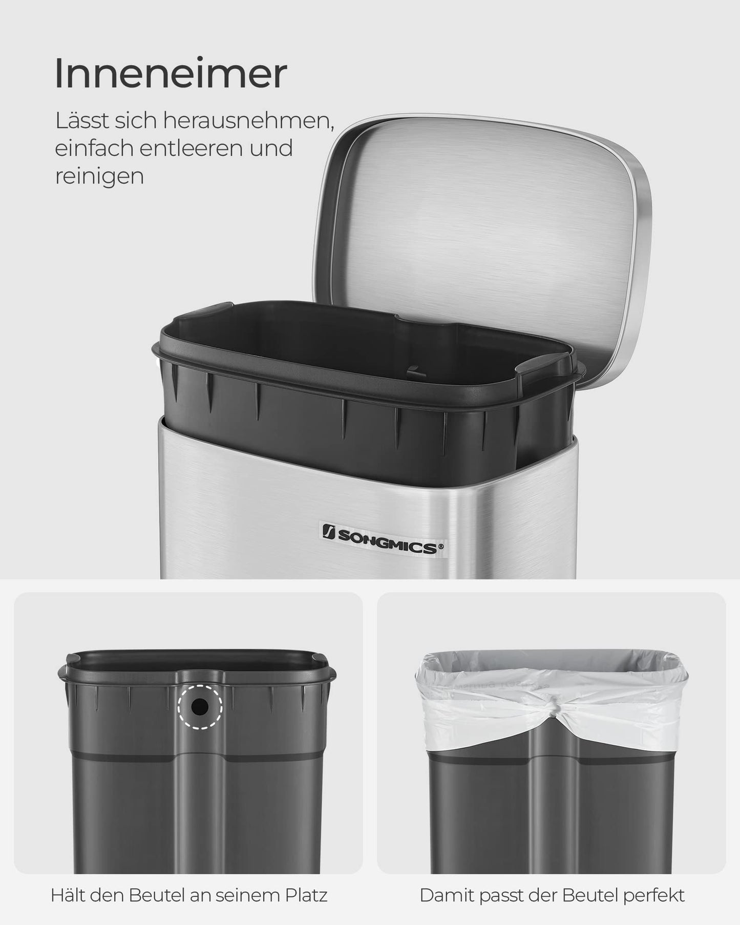 SONGMICS kitchen rubbish bin, 30 liters, waste bin, pedal bin, with lid, soft close, foot pedal, steel, inner bin, silver LTB03NL