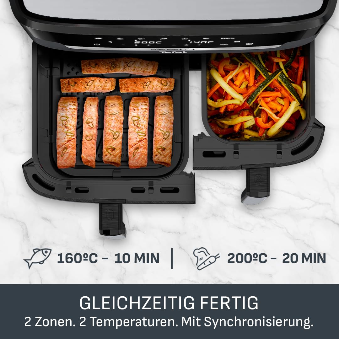 Tefal Dual Easy Fry hot air fryer 8.3 L - air fryer with 2 chambers & XL drawer, 7 programs, 2700 W, extra crisp technology, low-fat frying & energy saving, dishwasher safe EY9018
