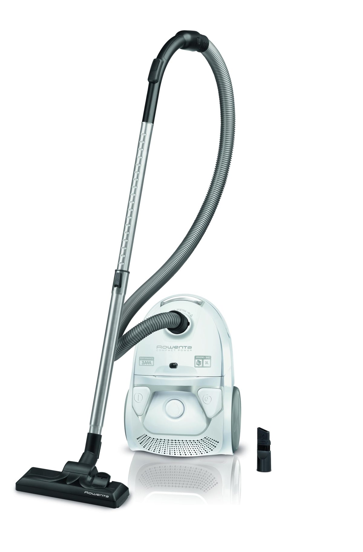 Rowenta Compact Power Bagged Vacuum Cleaner, low energy consumption, 900 Watts, 3 liters XL dust bag, long cable, optimal for vacuuming large living areas, white, RO3927EA