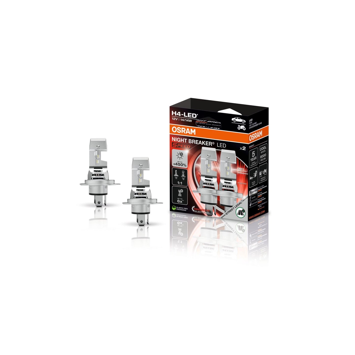Osram Night Breaker LED Speed H4 450, high and low beam with street approval, up to 450% more brightness, 6000K, quick installation, no mechanical accessories necessary, LEDEC02 integrated - 64193DWNBSP-2HB
