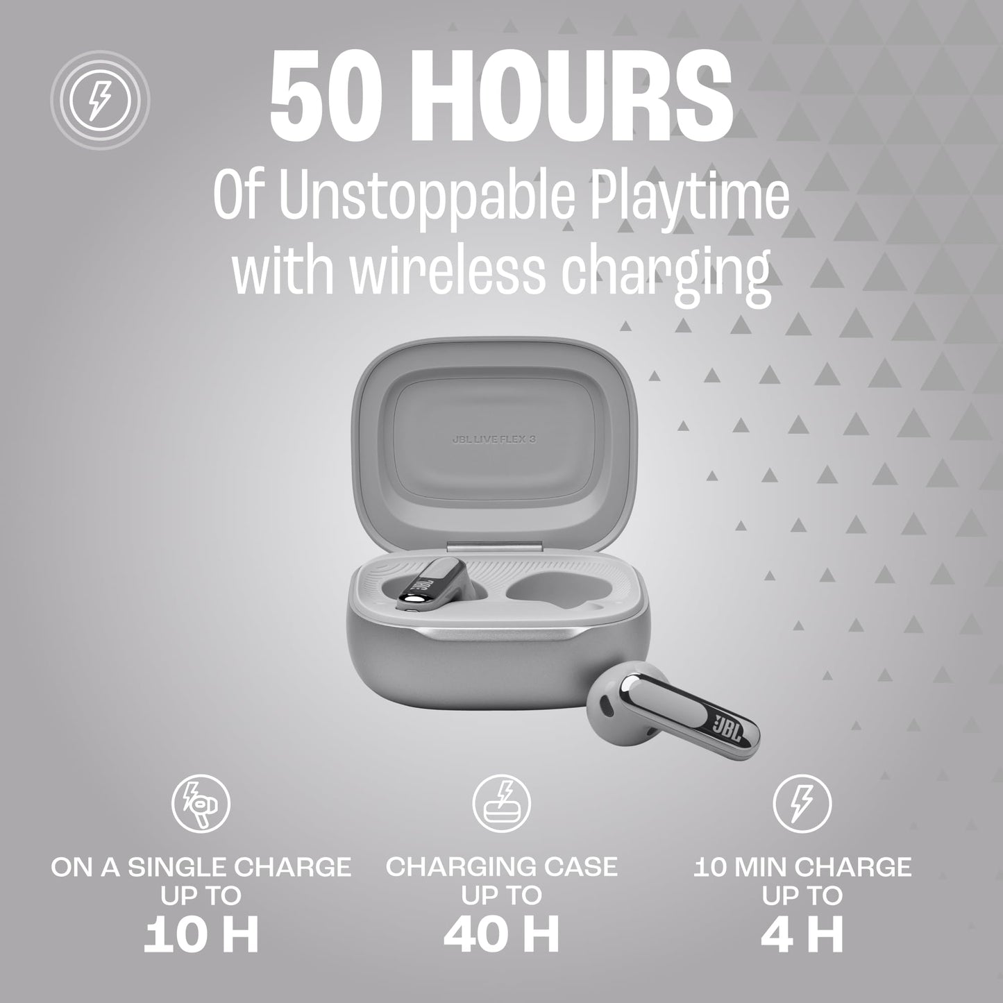 JBL Live Flex 3, wireless earbud headphones with Bluetooth, 50 hours of battery life, True Adaptive Noise Canceling and high-resolution JBL Signature Sound, IP54 waterproof, with earplugs, silver - JBLLIVEFLEX3SIL