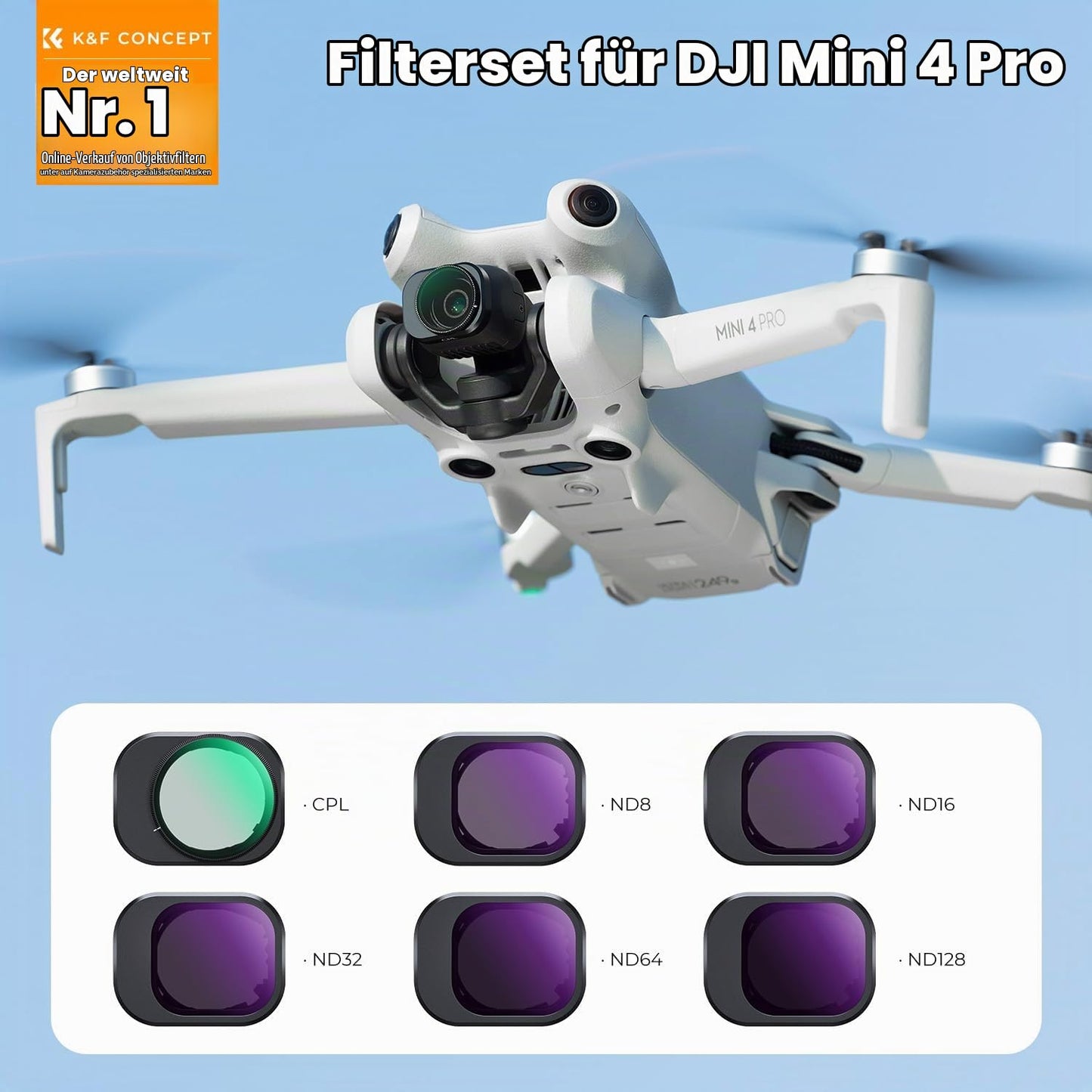 K&F CONCEPT Mini 4 Pro ND filter set, polarizing filter, 6 pieces CPL, ND8, ND16, ND32, ND64, ND128 filters compatible with DJI Mini 4 Pro - SKU.2080