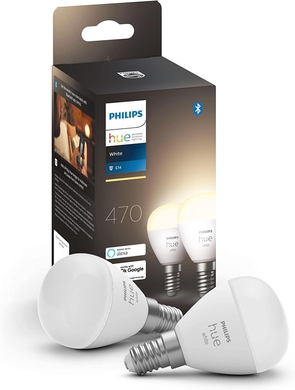Philips Hue White E14 Luster 2 × 470 lm, dimmable, warm white light, controllable via app, compatible with Amazon Alexa, pack of 2 - 929002440604