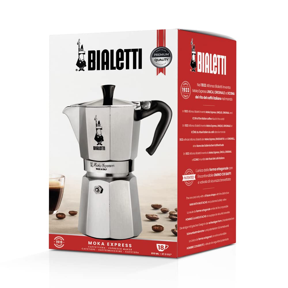 Bialetti - Moka Express: Iconic stovetop espresso machine, makes real Italian coffee, Moka pot 18 cups (800 ml), aluminum, silver, not suitable for induction hobs - 1167