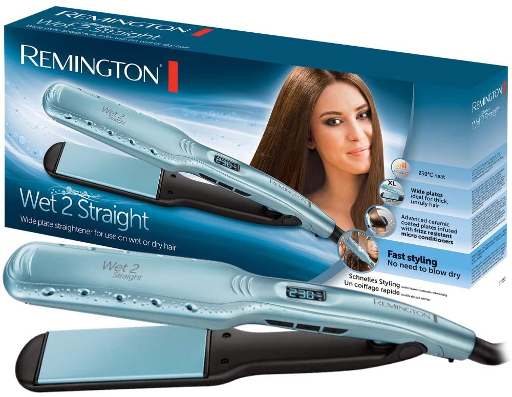Remington Wide Flat Iron Wet2Straight (for wet and dry use - for drying and straightening hair, heat-activated anti-frizz micro-ingredients), LCD display, 140-230°C, Hair Straightener S7350, Turquoise - 45662560100