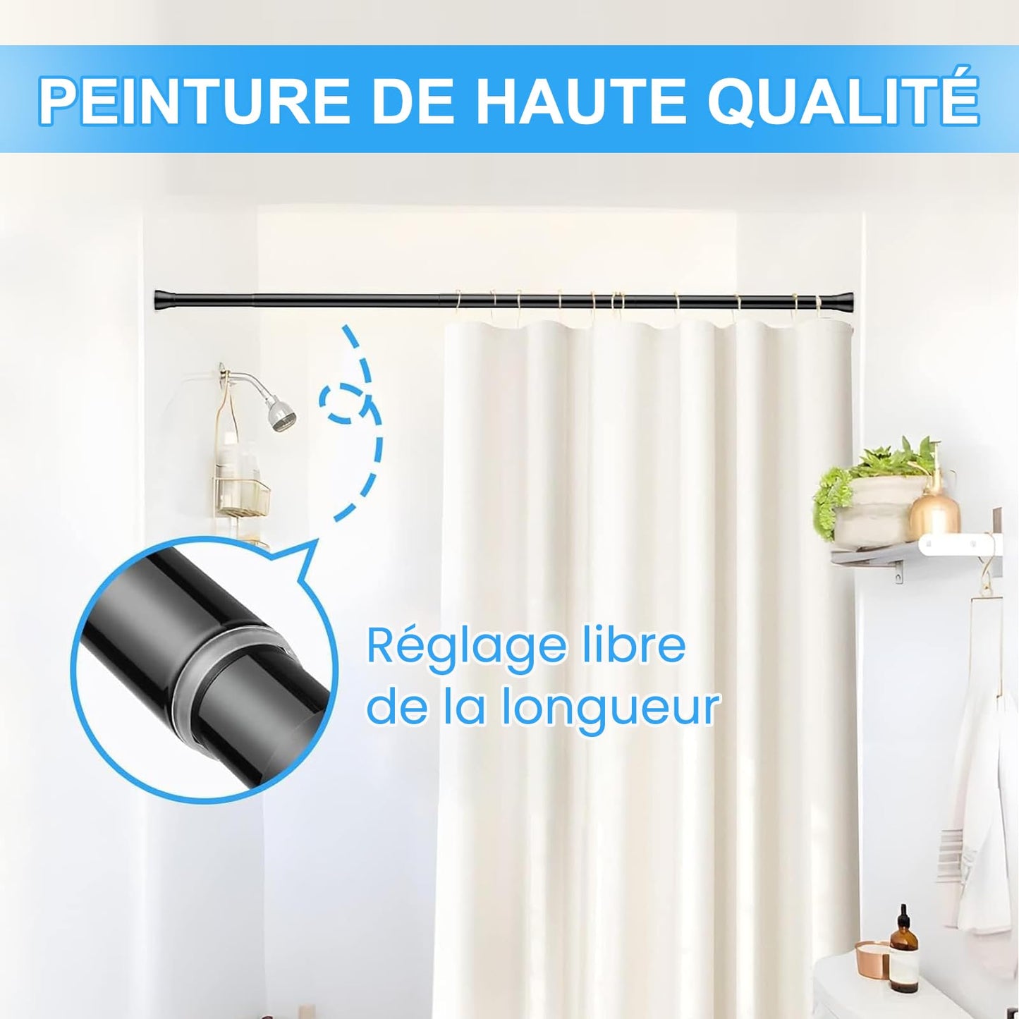 ZipGlo shower curtain rod 115-195cm extendable shower curtain rod for bathroom, window, wardrobe, no drilling, black, 1 piece, diameter 22 mm - 110-190CM