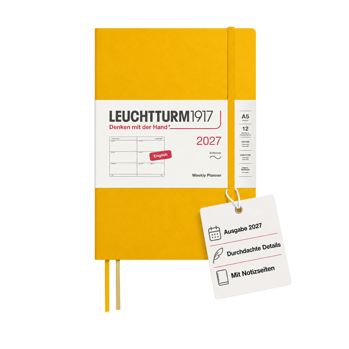LEUCHTTURM1917 Weekly Calendar 2027 Medium (A5) - English, Sunflower, Softcover, 145 x 210 mm, 12 months - January-December 2027, 1 week per double page, 80 g/m² paper with high ink compatibility - 400296