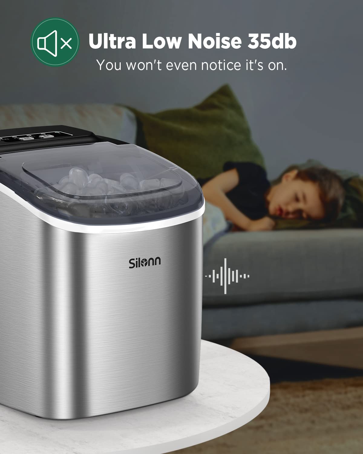 Silonn ice cube machine, small ice cube machine with carrying handle, 9 ice cubes in just 6 minutes, 12 kg of ice in 24 hours. Self-cleaning, compact with 2 ice sizes, ideal for kitchen, office and parties, silver - SLIM09T