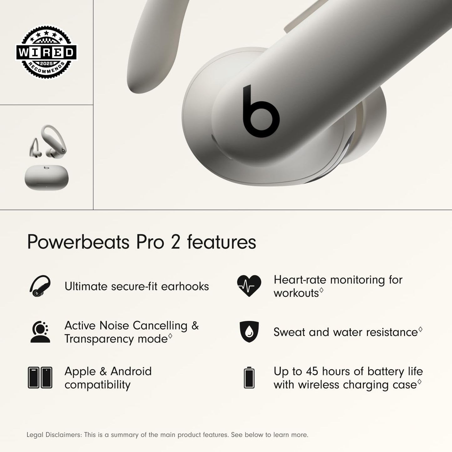 Beats Powerbeats Pro 2 wireless in-ear headphones with Bluetooth - active noise cancellation, heart rate measurement, IPX4, up to 45H with charging case, compatible with Apple & Android - Quicksand - MX733ZM/A