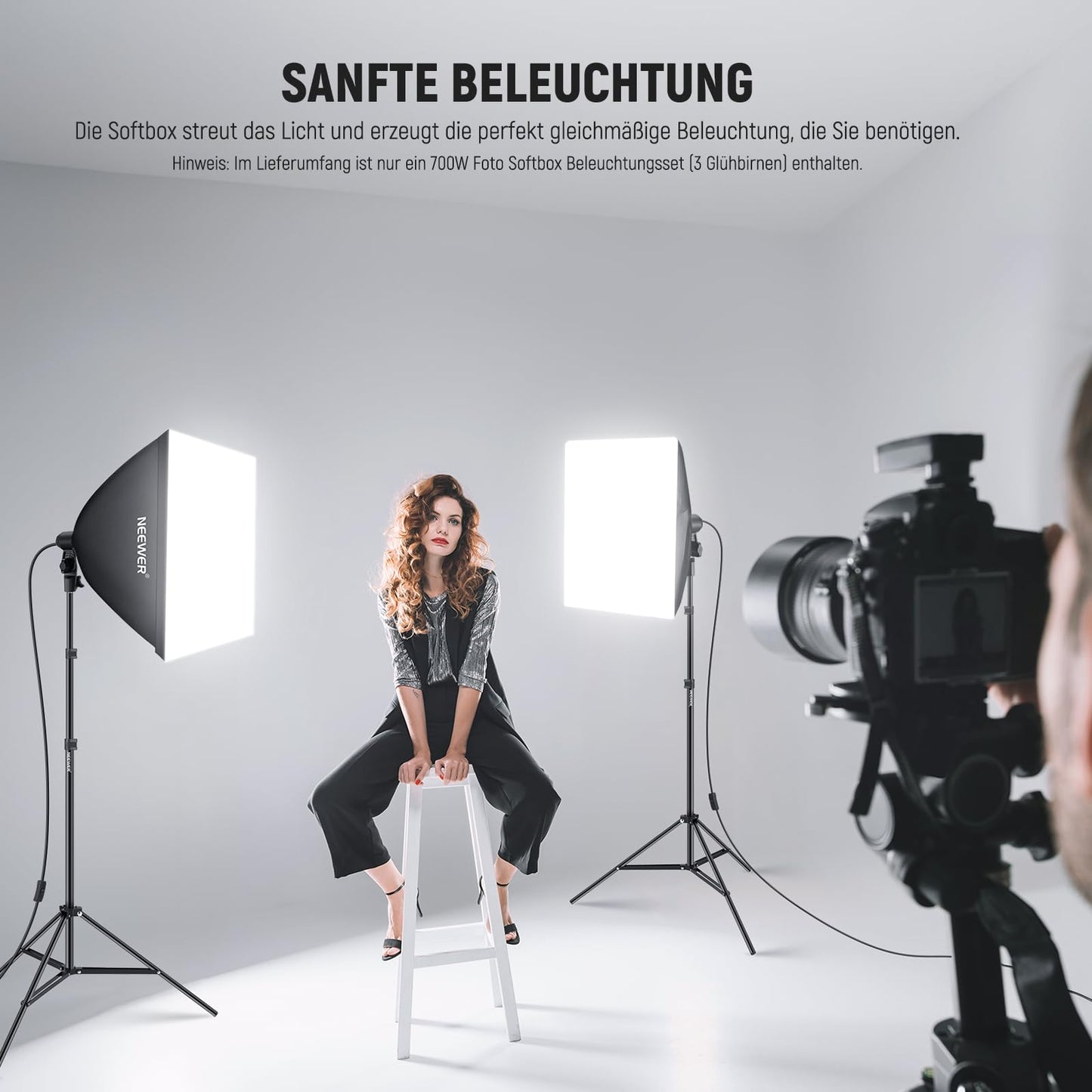 NEEWER softbox lighting set, equivalent to 700W, pack of 3 CE & UKCA certified 5700K LED light bulbs, 24x24 inch softboxes with E27 socket, photography continuous light set, photo studio equipment - 10102773