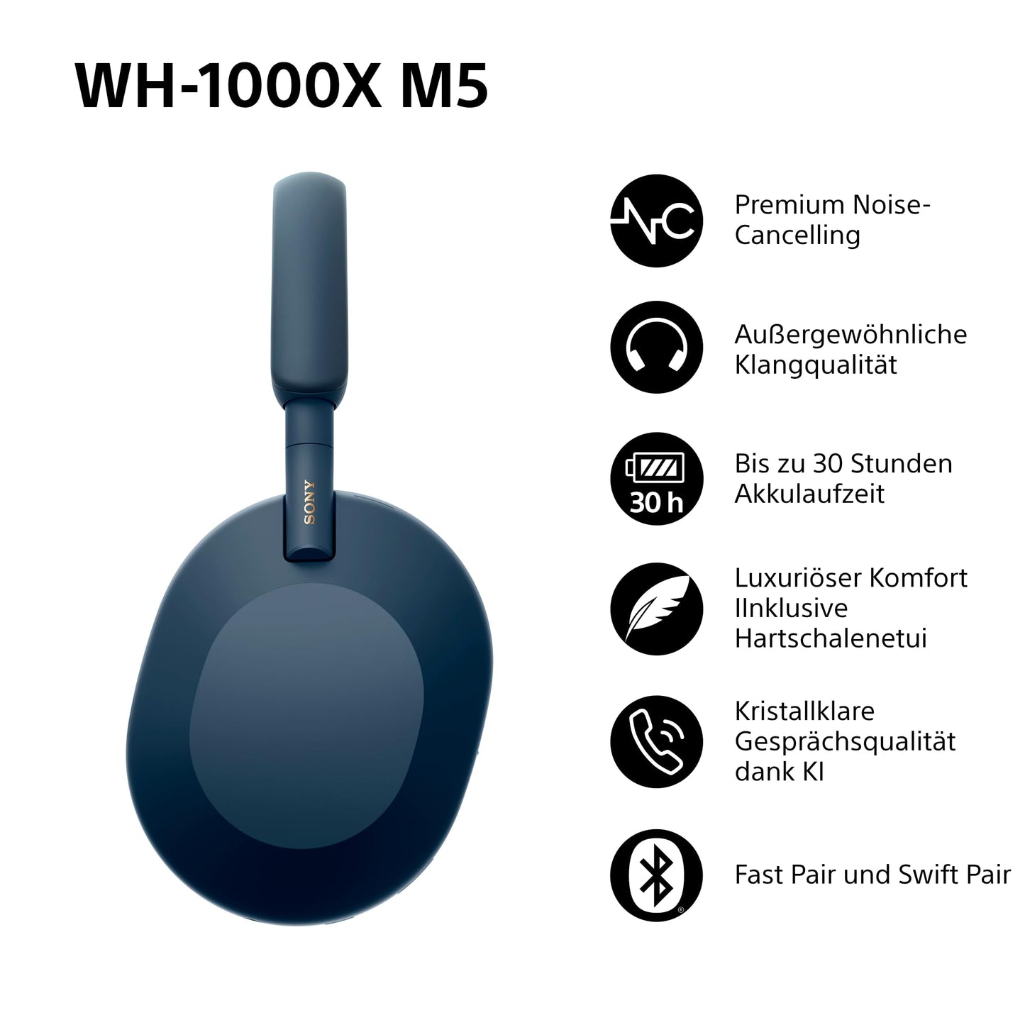 Sony WH-1000XM5 wireless over-ear headphones, active noise canceling at premium level with spatial 3D audio, transparency mode, up to 30 hours of battery life, Bluetooth, Midnight Blue - WH1000XM5/LM