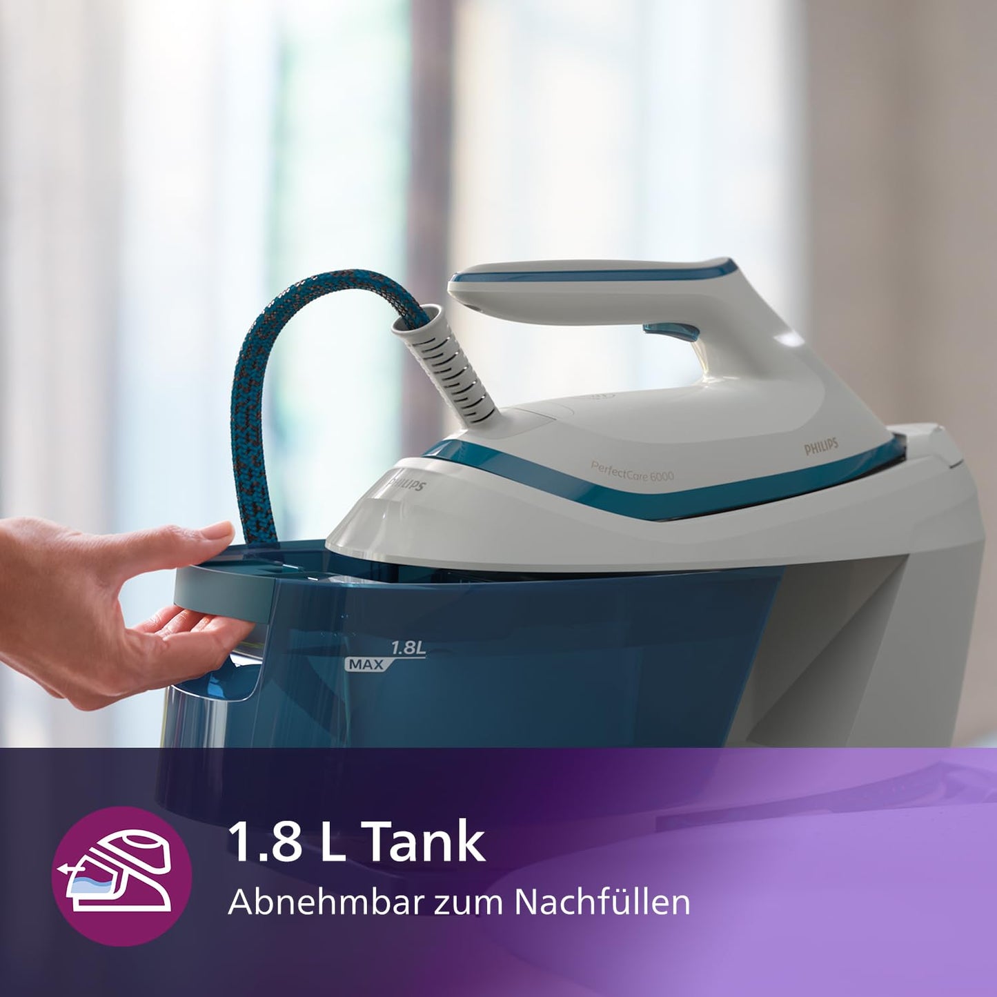 Philips PerfectCare 6000 Series Steam Generator - 2400W, 500g Steam Shot, 6.5 Bar Pressure, OptimalTEMP Technology, 1.8 Liter Tank, White/Blue (PSG6022/20)