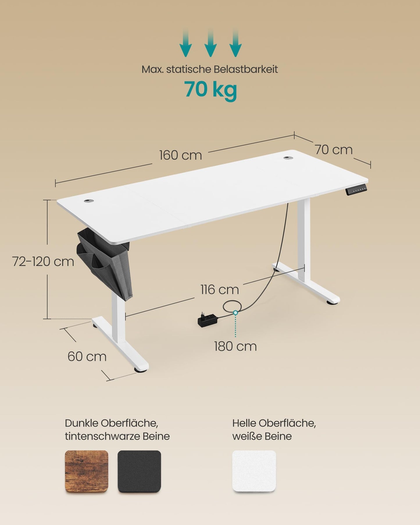 SONGMICS Electric height-adjustable desk, 160 x 70 cm, continuously adjustable, memory function with 4 heights, cloud white LSD136W01