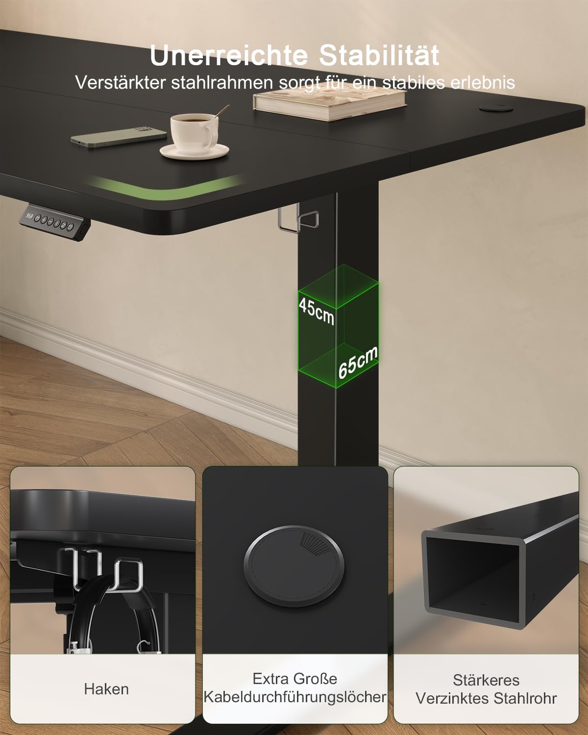 JUMMICO Birou reglabil pe înălțime cu port de încărcare USB, birou electric reglabil pe înălțime 80 x 60 cm, masă stand-sit, birou în picioare, masă de calculator reglabilă, birou în picioare, negru - 0403