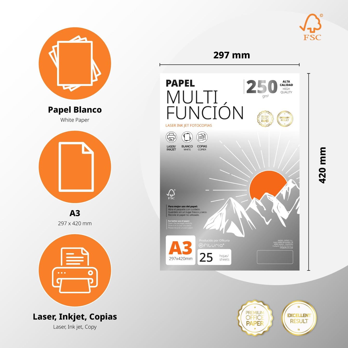 A3 Paper 250g 100 Sheets, Multifunctional Paper for Printers, Paper for Projects, Illustration, Lettering, Professional Creative Projects, A3 Office Paper, School Supplies - Ofituria (250g, 25 Sheets) - COM0574
