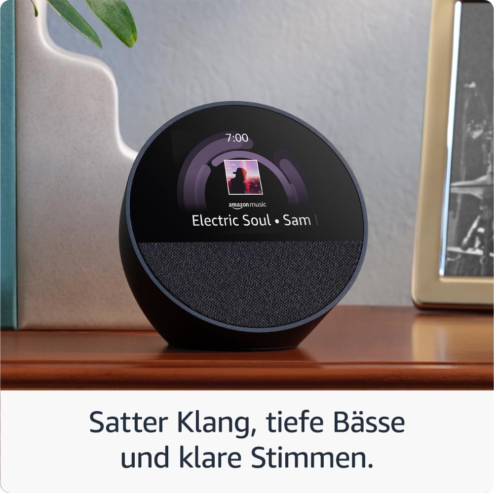 Certified and refurbished Amazon Echo Spot (2024), smart alarm clock with rich sound and Alexa, blue - BV84J9