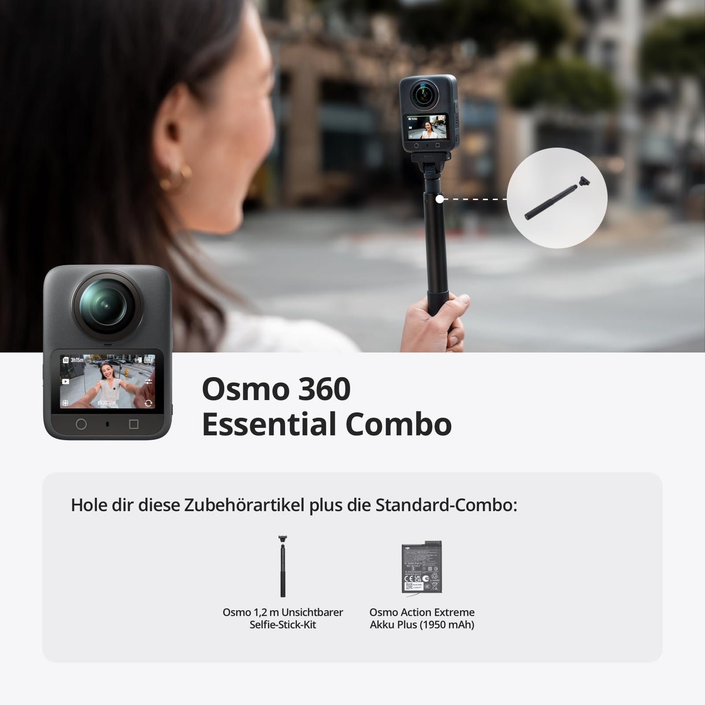 DJI Osmo 360 Essential Combo, 360 camera with 1-inch 360° recordings, native 8K 360° video, 1.2m invisible selfie stick kit, extended battery life with 2 batteries - OQ001