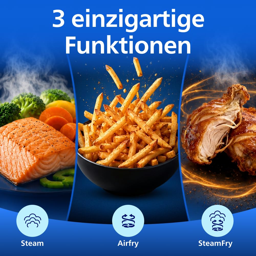 Philips Steam Airfryer 5000 Series Dual Basket Hot Air Fryer with Steam Function & 2 Baskets - Steam, Airfry, SteamFry, 9L (3L+6L), RapidAir Plus, Automatic Steam Cleaning (NA550/00)