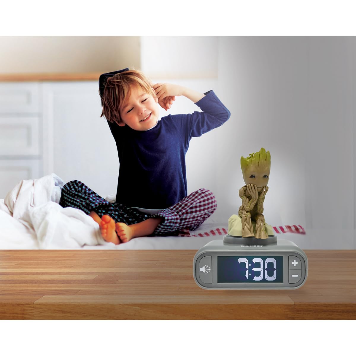 Lexibook, Marvel Guardians of the Galaxy, Groot Night Light Alarm Clock, Sounds and Melodies, Backlit LCD Screen, Illuminated, Snooze, Grey/Brown, RL800GG