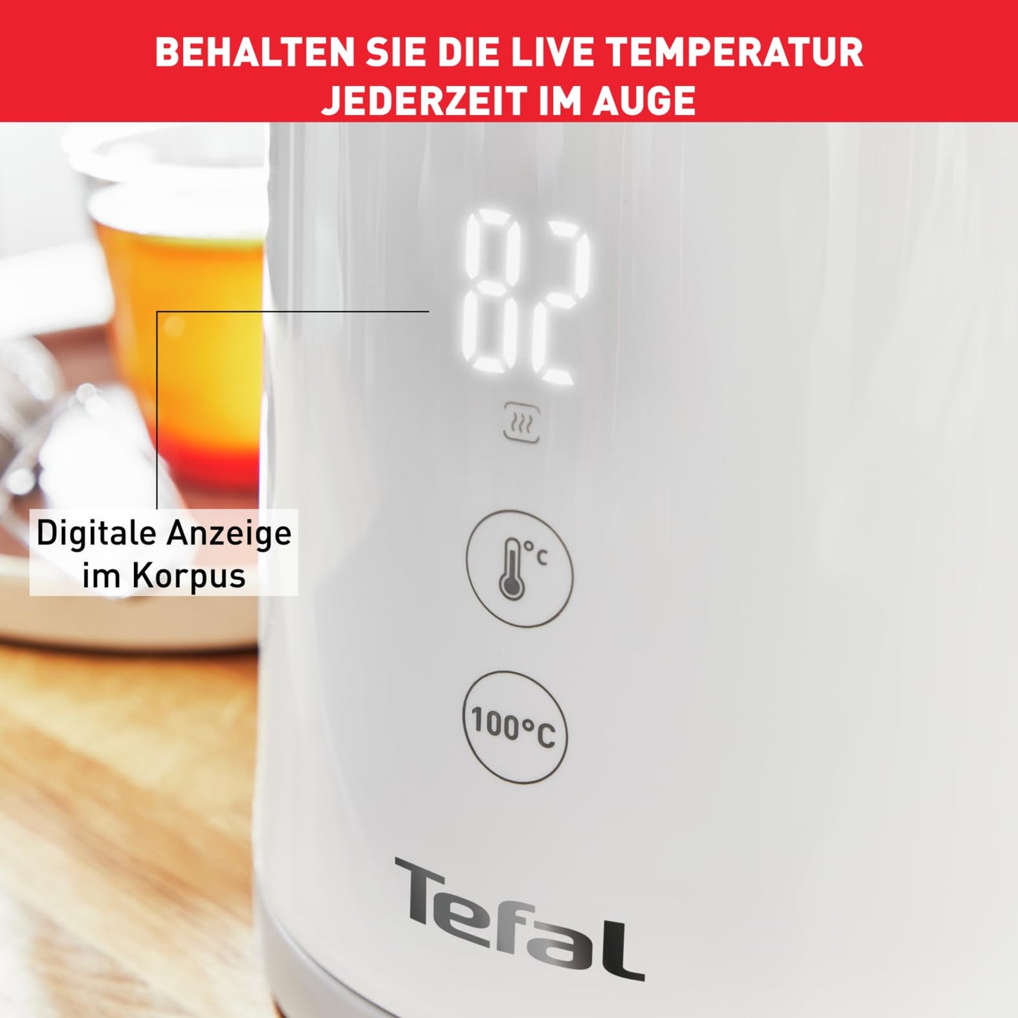 Tefal KO6931 Sense kettle, 1.5 L capacity, digital display, 5 temperature levels, 360° base, water level indicator, removable limescale filter, 30 minute warming function, 1800W, white