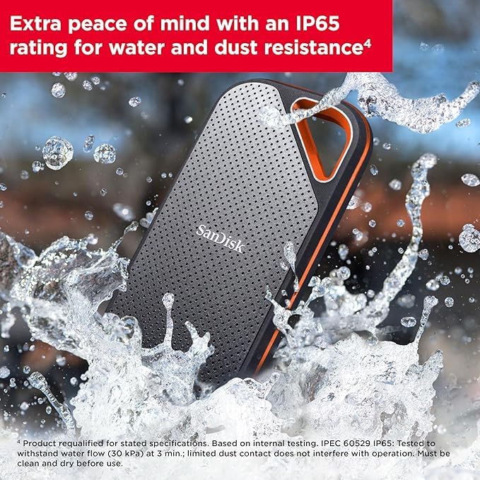 SanDisk Extreme PRO Portable SSD 4TB (external SSD, NVMe SSD performance, 2.5 inch, 2,000 MB/s read and write, AES encryption, IP65 water and dust protection) gray - SDSSDE81-4T00-G25