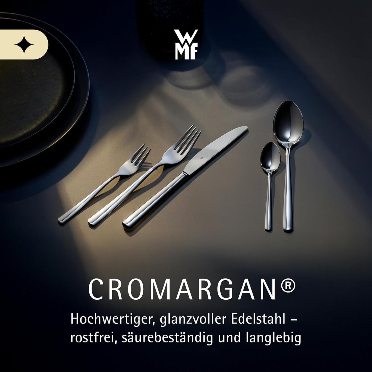 WMF Habitum stainless steel cutlery set for 6 people, cutlery set 30 pieces, monobloc knife, Cromargan stainless steel polished, shiny, dishwasher safe - 1186916040