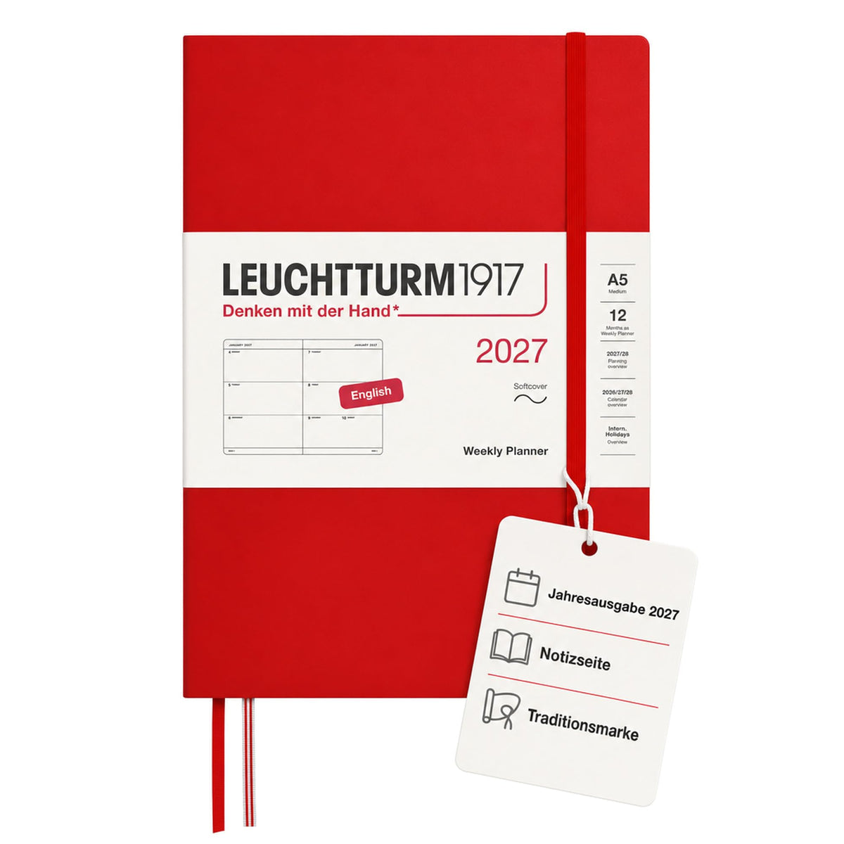 LEUCHTTURM1917 Calendar săptămânal 2027 Mediu (A5) - engleză, cireș, copertă moale, 145 x 210 mm, 12 luni - ianuarie-decembrie 2027, 1 săptămână pe pagină dublă, hârtie de 80 g/m² cu compatibilitate ridicată cu cerneală - 400295