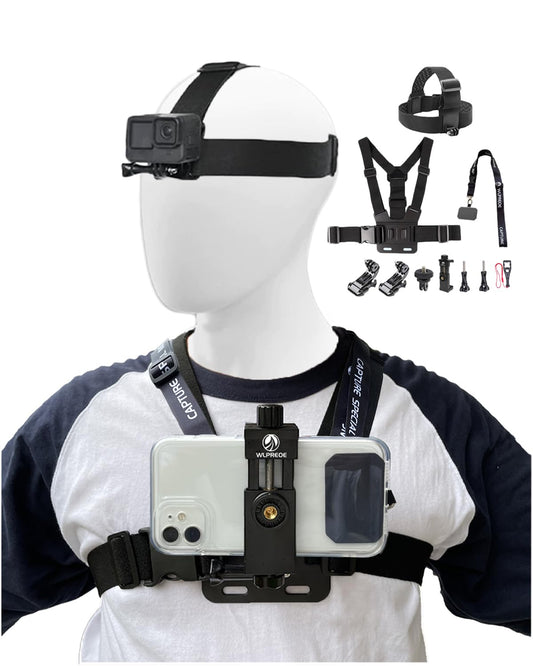 WLPREOE Mobile phone chest strap with head mount, chest mount head strap for iPhone & Samsumg, hands-free accessories for POV/VLOG, immersive film videos, YouTube, Tiktok - Chest Head Mount for GoPro - Wl203p-uk