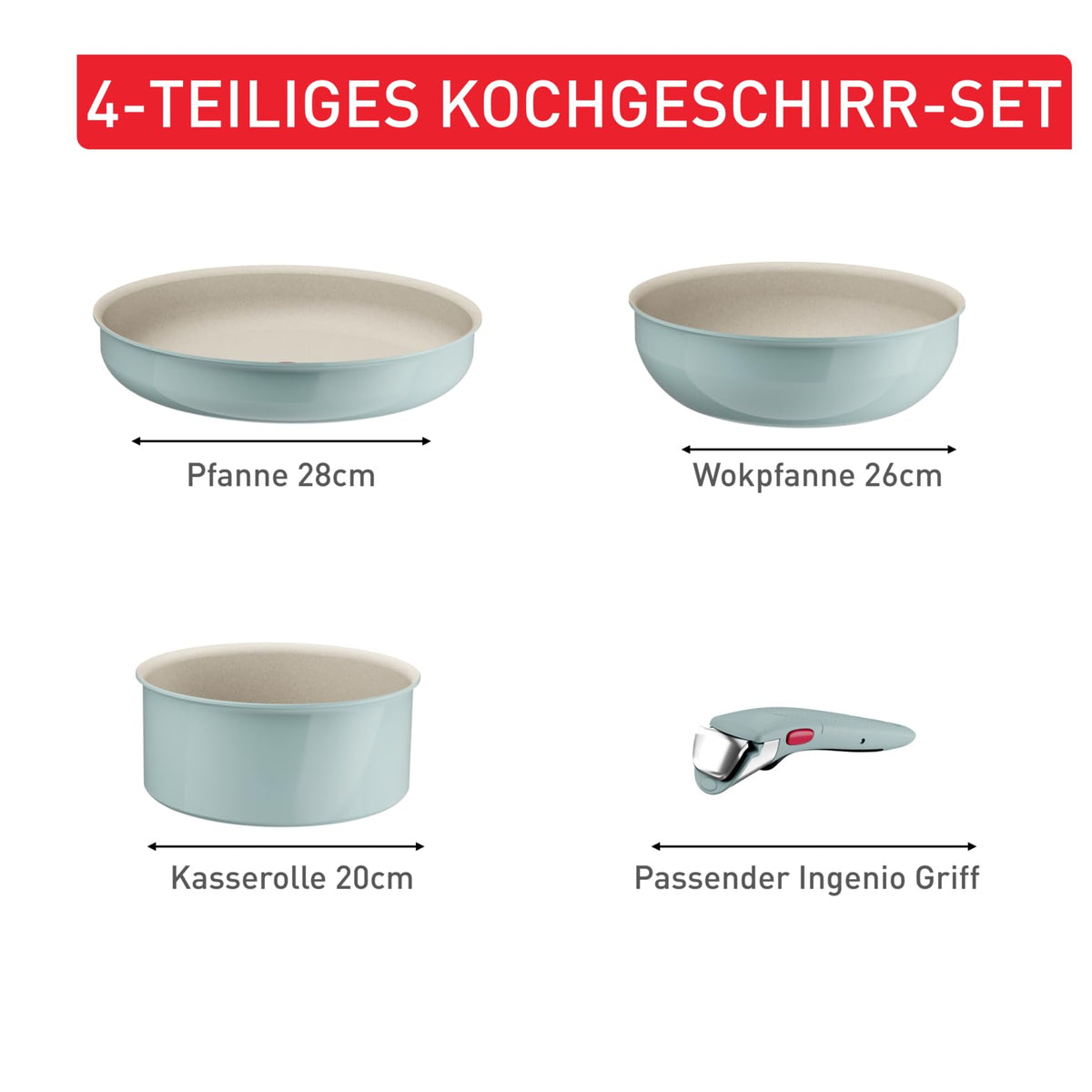 Set de vase de gătit Tefal Ingenio Serenity, 4 piese, cu înveliș antiaderent Mineralia, economisind spațiu, stivuibil, potrivit pentru toate tipurile de plite, lavabil în mașina de spălat vase, Eucalyptus, L8284S04 - L829SB04