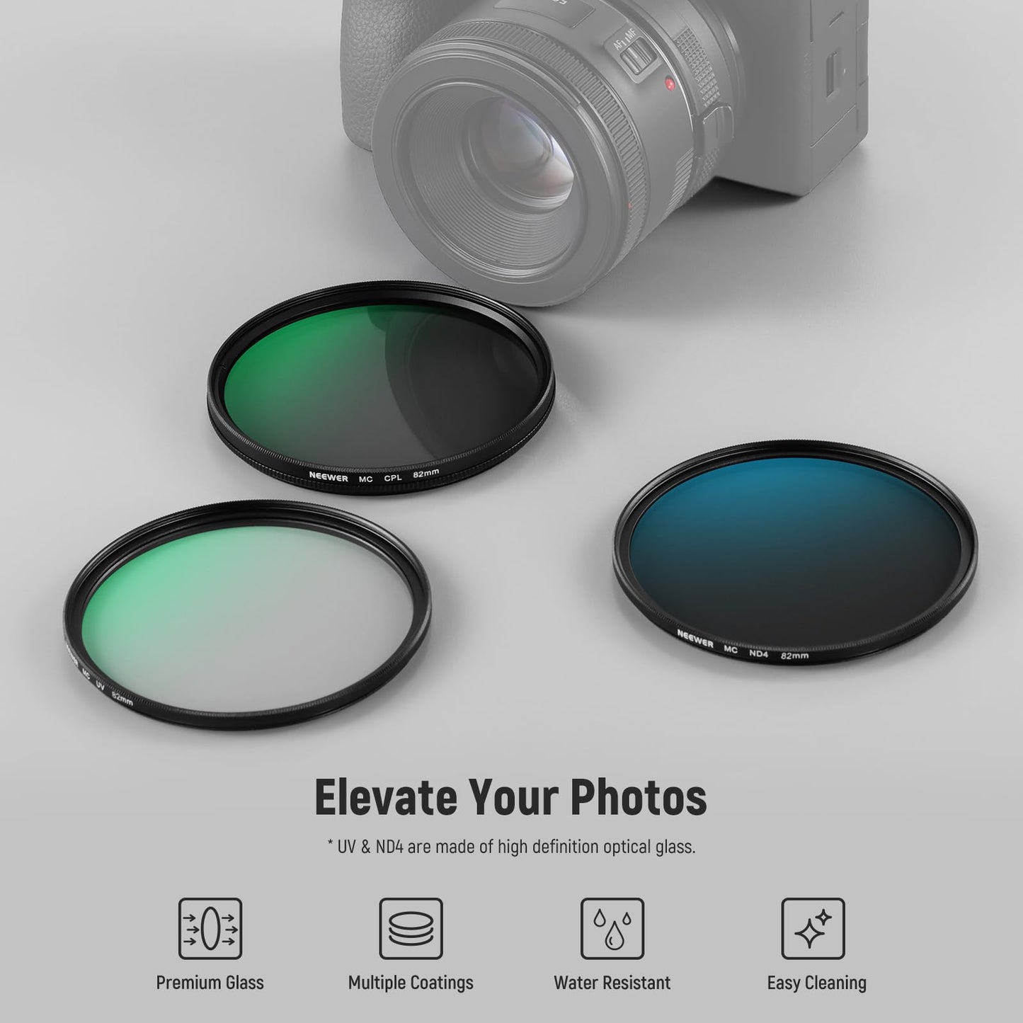 NEEWER 82mm UV/CPL/ND lens filter set with hard case, coated optical glass accessories & aluminum frame ultraviolet filter + circular polarization filter (CPL) + neutral density (ND4) filter - NW