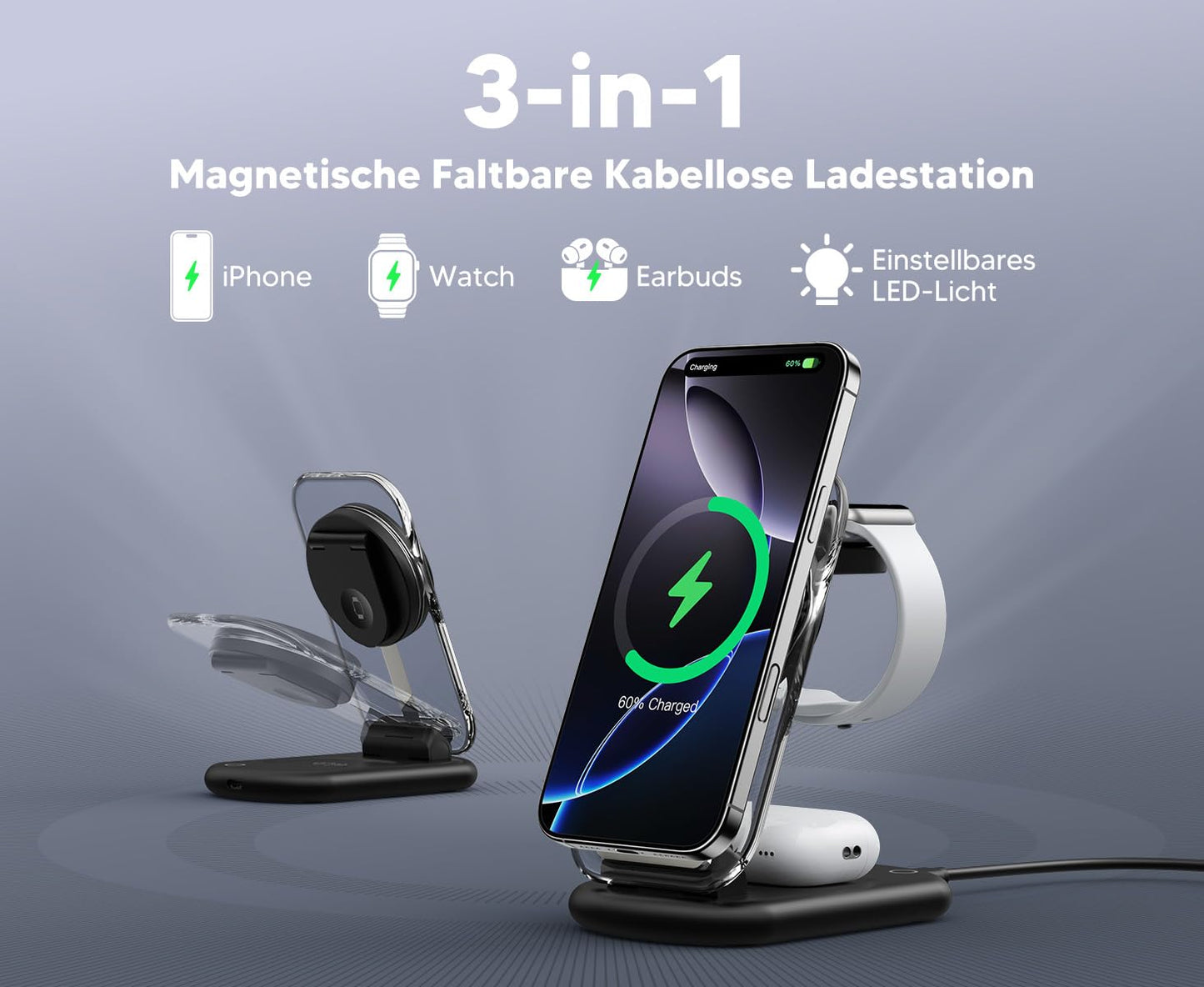 Inductive charging station, Mag Safe charger, 3 in 1 Mag Safe charging station compatible with iPhone 17e 17 16 15 14 13 12 Pro Max/Air/Plus/Pro, 15W wireless charger foldable for Apple Watch10/9, Airpods 3/2/Pro - T618-F