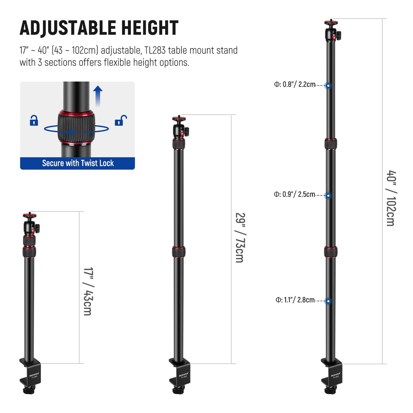 NEEWER camera table tripod light stand with phone holder and 360° ball head, 43-102cm telescope C clamp 1/4" screw, max. load 3kg, table camera holder for DSLR webcam ring light, TL283 - 10103934