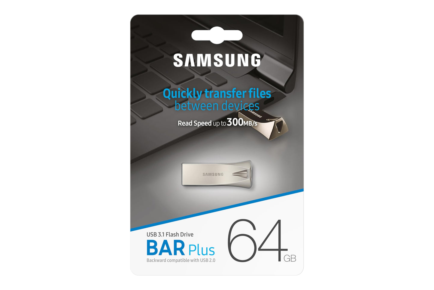 Samsung BAR Plus USB Flash Drive Type-A, 64GB, 200MB/s Read, 30MB/s Write, Durable USB 3.1 Memory Stick with Key Ring, Champagne Silver, MUF-64BE3/APC