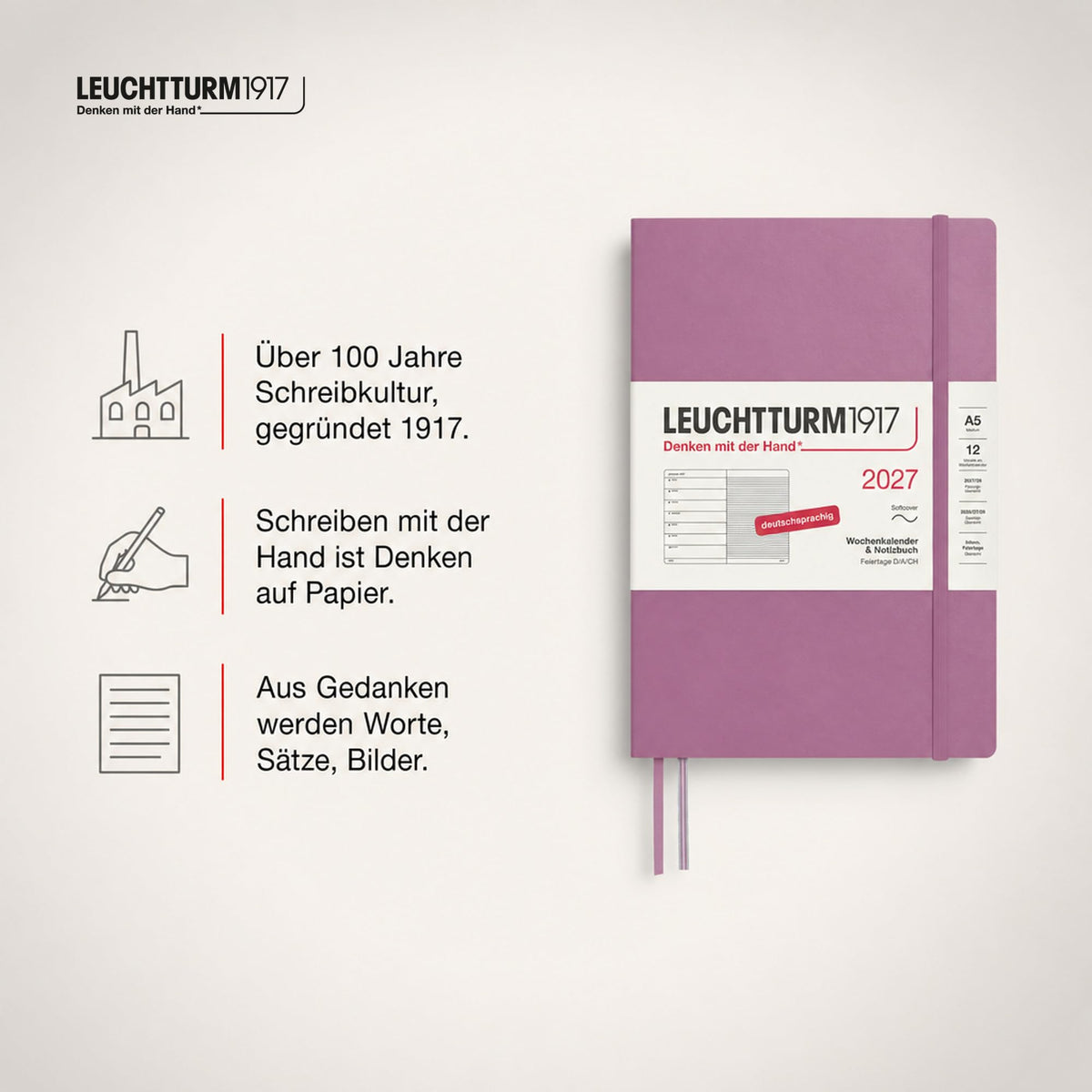 LEUCHTTURM1917 Calendar săptămânal 2027 Mediu (A5) cu caiet - Planificator de întâlniri german, Trandafir praf, Copertă moale, ianuarie-decembrie 2027, Prezentare generală săptămânală în stânga + Pagina de note în dreapta - 400066
